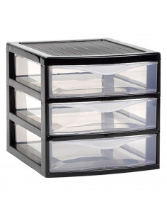 Tradineur - Cajonera de sobremesa guadiana, plástico, 3 cajones transparentes, fabricada en España (Negro, 17,5 x 18 x 21,5 cm,