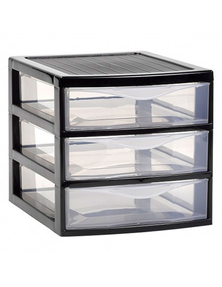 Tradineur - Cajonera de sobremesa guadiana, plástico, 3 cajones transparentes, fabricada en España (Negro, 17,5 x 18 x 21,5 cm,