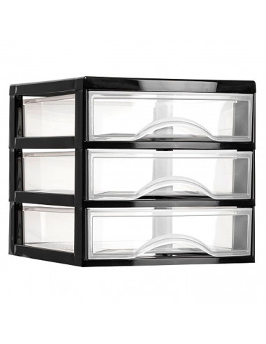 Tradineur - Cajonera de sobremesa guadiana, plástico, 3 cajones transparentes, fabricada en España (Negro, 17,5 x 18 x 21,5 cm,