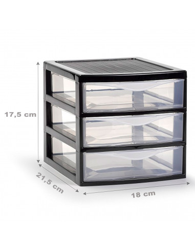 Tradineur - Cajonera de sobremesa guadiana, plástico, 3 cajones transparentes, fabricada en España (Negro, 17,5 x 18 x 21,5 cm,