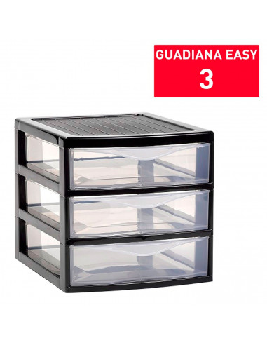 Tradineur - Cajonera de sobremesa guadiana, plástico, 3 cajones transparentes, fabricada en España (Negro, 17,5 x 18 x 21,5 cm,