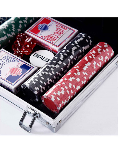 Tradineur - Juego de póker con 200 piezas - Fichas de 11,5 gramos, 2 Barajas de Cartas - Incluye maletín de metal - 8 x 31,5 x 2