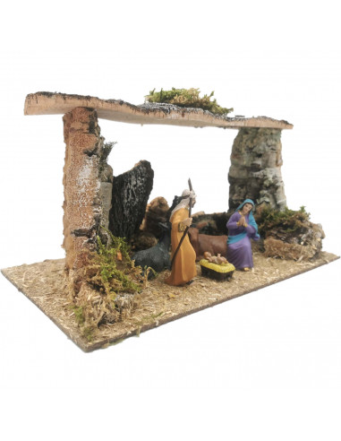 Tradineur - Pesebre con figuras, cueva de nacimiento para belén 14,5 x 27 x 15 cm, corcho y resina, portal de belén con el niño