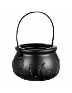 Tradineur - Cesta con asa para recoger caramelos, plástico, Halloween, cubo, recipiente para dulces, truco o trato (Negro, 9,5 x