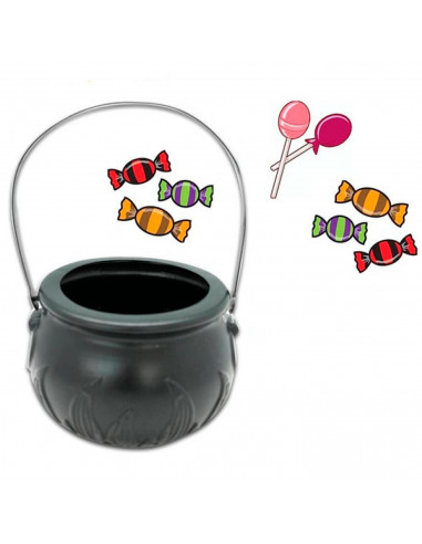 Tradineur - Cesta con asa para recoger caramelos, plástico, Halloween, cubo, recipiente para dulces, truco o trato (Negro, 9,5 x