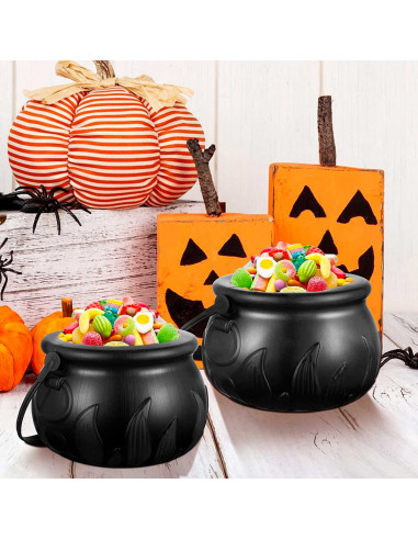 Tradineur - Cesta con asa para recoger caramelos, plástico, Halloween, cubo, recipiente para dulces, truco o trato (Negro, 9,5 x