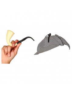 Tradineur - Set de detective - Incluye gorro en blanco y negro y una pipa color beige - Complemento para carnaval, halloween, fi