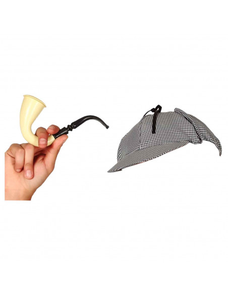 Tradineur - Set de detective - Incluye gorro en blanco y negro y una pipa color beige - Complemento para carnaval, halloween, fi Tradineur - Set de detective - Incluye gorro en blanco y negro y una pipa color beige - Complemento para carnaval, halloween, fi