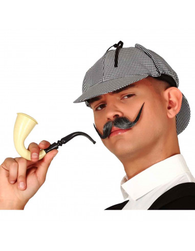 Tradineur - Set de detective - Incluye gorro en blanco y negro y una pipa color beige - Complemento para carnaval, halloween, fi
