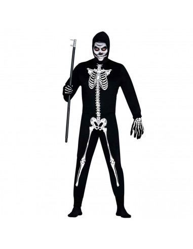Tradineur - Disfraz de esqueleto, mono de color negro con diseño de huesos color blanco para jóvenes y adultos para carnaval, ha