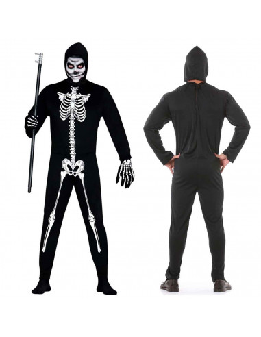 Tradineur - Disfraz de esqueleto, mono de color negro con diseño de huesos color blanco para jóvenes y adultos para carnaval, ha