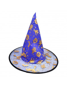 Tradineur - Gorro de bruja semitransparente decorado con calabazas, murciélagos, gatos - Sombrero de maga, hechicera, disfraz ca