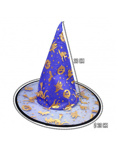 Tradineur - Gorro de bruja semitransparente decorado con calabazas, murciélagos, gatos - Sombrero de maga, hechicera, disfraz ca