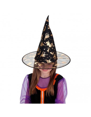 Tradineur - Gorro de bruja semitransparente decorado con calabazas, murciélagos, gatos - Sombrero de maga, hechicera, disfraz ca