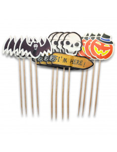 Tradineur - Set de 12 pinchos para halloween - Diseño de carabela, calabaza y murciélago - 10,5 cm de altura - Ideal para decora