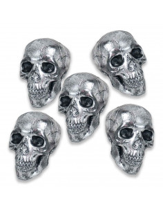 Tradineur - Set de 5 Calaveras para Halloween - Fabricado en plástico - Adorno para decoración - 11 x 7 x 9 cm - Color Gris