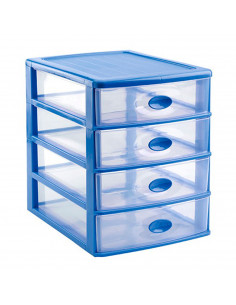 Tradineur - Cajonera de sobremesa loira, plástico azul con 4 cajones transparentes 35 x 27 x 35,5 cm, torre almacenaje multiusos