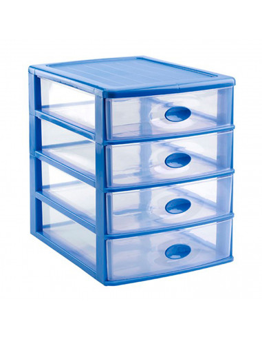Tradineur - Cajonera de sobremesa loira, plástico azul con 4 cajones transparentes 35 x 27 x 35,5 cm, torre almacenaje multiusos