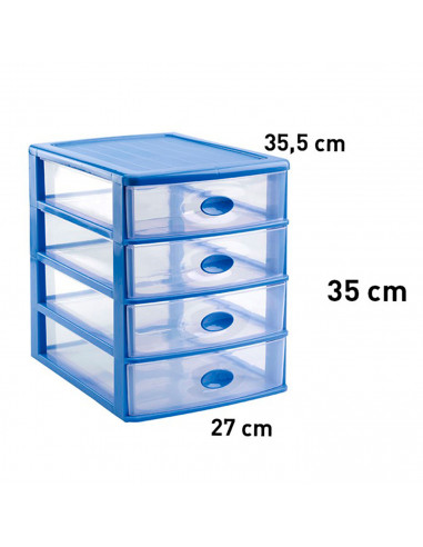 Tradineur - Cajonera de sobremesa loira, plástico azul con 4 cajones transparentes 35 x 27 x 35,5 cm, torre almacenaje multiusos