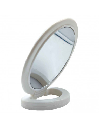 Tradineur - Espejo redondo de doble cara - Soporte de mano profesional con mango plegable - diámetro de 16 cm - color blanco