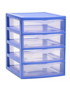 Tradineur - Cajonera de sobremesa guadiana multiusos de plástico, 4 cajones transparentes, fabricada en España (Azul, 22,5 x 18