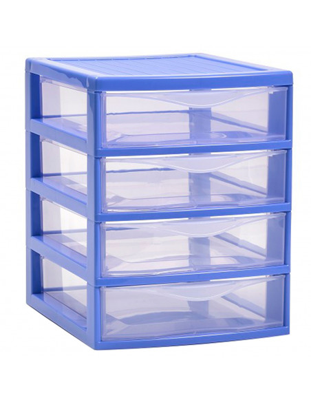 Tradineur - Cajonera de sobremesa guadiana multiusos de plástico, 4 cajones transparentes, fabricada en España (Azul, 22,5 x 18