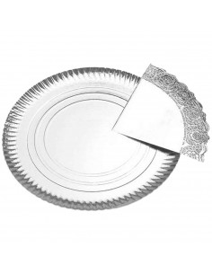 Tradineur - Bandeja de cartón plateada redonda con blonda - fuente reciclable para pasteles con encaje de papel, especial para f