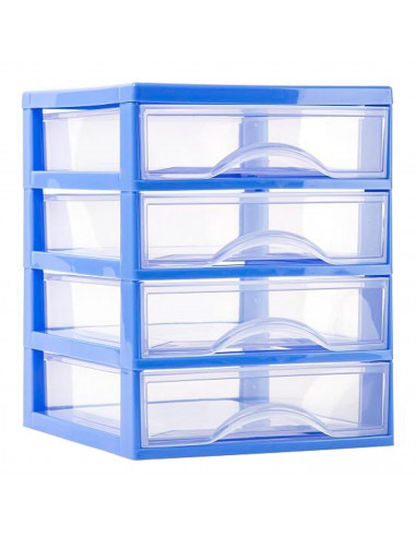 Tradineur - Cajonera de sobremesa guadiana multiusos de plástico, 4 cajones transparentes, fabricada en España (Azul, 22,5 x 18