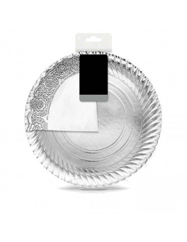 Tradineur - Bandeja de cartón plateada redonda con blonda - fuente reciclable para pasteles con encaje de papel, especial para f