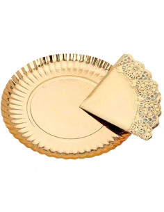 Tradineur - Bandeja de cartón oro redonda con blonda - fuente reciclable para pasteles con encaje de papel, especial para fiesta