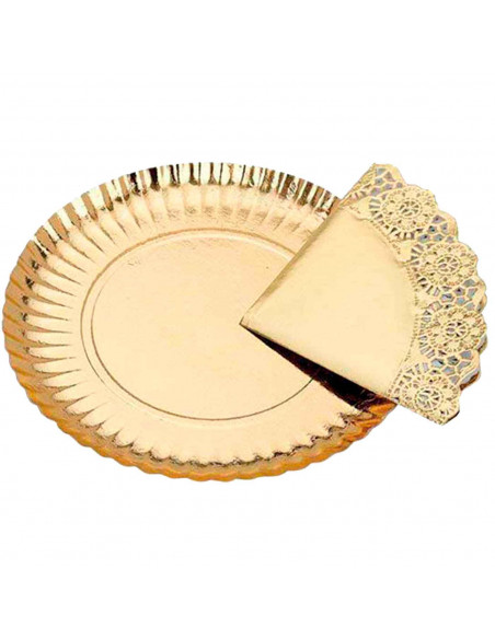Tradineur - Bandeja de cartón oro redonda con blonda - fuente reciclable para pasteles con encaje de papel, especial para fiesta