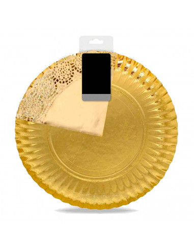 Tradineur - Bandeja de cartón oro redonda con blonda - fuente reciclable para pasteles con encaje de papel, especial para fiesta