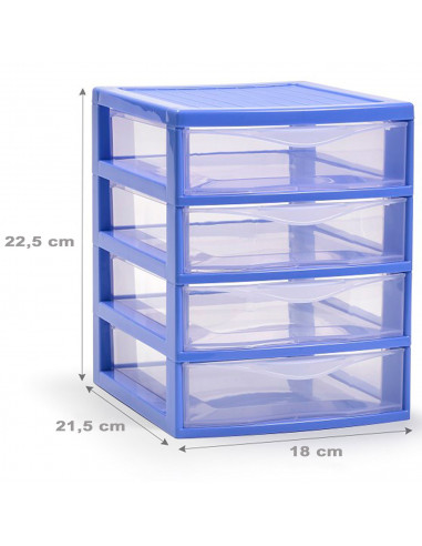 Tradineur - Cajonera de sobremesa guadiana multiusos de plástico, 4 cajones transparentes, fabricada en España (Azul, 22,5 x 18