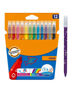 Tradineur - Caja de rotuladores de colores - 12 Colores llamativos - Rotuladores con base de agua - Punta fina y precisa - Limpi