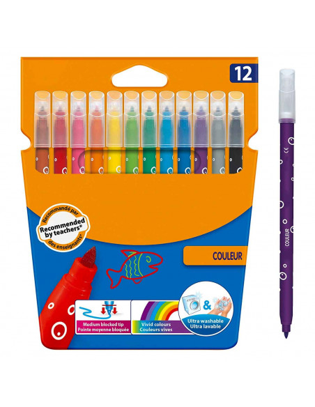 Tradineur - Caja de rotuladores de colores - 12 Colores llamativos - Rotuladores con base de agua - Punta fina y precisa - Limpi