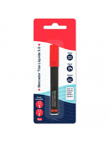 Tradineur - Marcador de tiza liquida color rojo borrable con punta reversible (redonda y biselada) - Ideal para diseño comercial