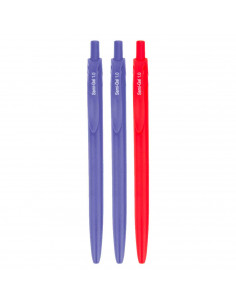 Tradineur - Set de 3 bolígrafos retráctiles - Fabricado en plástico PVC - Tinta semi gel - Punta de 1mm - Color azul y rojo. 