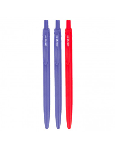 Tradineur - Set de 3 bolígrafos retráctiles - Fabricado en plástico PVC - Tinta semi gel - Punta de 1mm - Color azul y rojo. 
