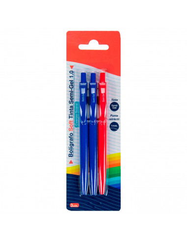 Tradineur - Set de 3 bolígrafos retráctiles - Fabricado en plástico PVC - Tinta semi gel - Punta de 1mm - Color azul y rojo. 