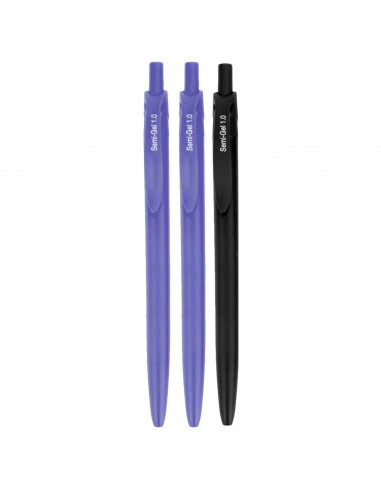 Tradineur - Set de 3 bolígrafos retráctiles - Fabricado en plástico PVC - Tinta semi gel - Punta de 1mm - Color azul y negro. 