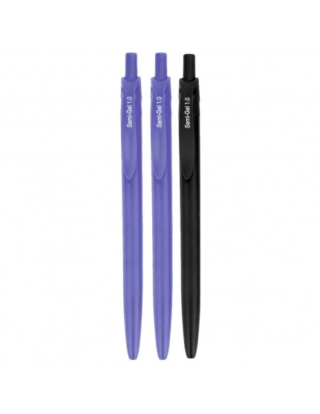 Tradineur - Set de 3 bolígrafos retráctiles - Fabricado en plástico PVC - Tinta semi gel - Punta de 1mm - Color azul y negro. 