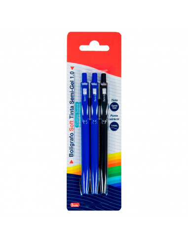 Tradineur - Set de 3 bolígrafos retráctiles - Fabricado en plástico PVC - Tinta semi gel - Punta de 1mm - Color azul y negro. 