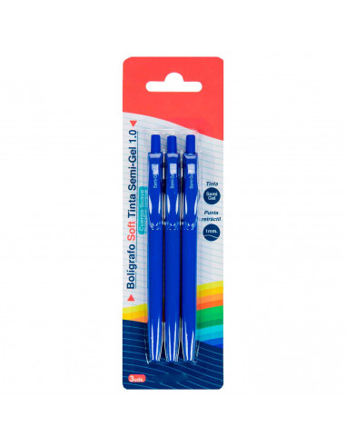 Tradineur - Set de 3 bolígrafos retráctiles - Fabricado en plástico PVC - Tinta semi gel - Punta de 1mm - Color azul.