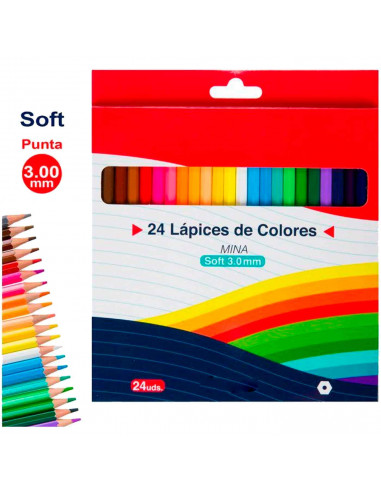 Tradineur - Caja de 24 lápices de colores brillantes y luminosos - Fabricados en madera - Cuerpo hexagonal - Longitud 18 cm