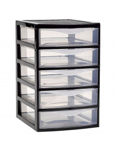 Tradineur - Cajonera de sobremesa guadiana, plástico, 5 cajones transparentes, fabricada en España (Negro, 28 x 18 x 21,5 cm, mo
