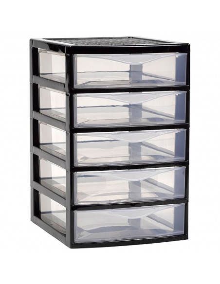 Tradineur - Cajonera de sobremesa guadiana, plástico, 5 cajones transparentes, fabricada en España (Negro, 28 x 18 x 21,5 cm, mo Tradineur - Cajonera de sobremesa guadiana, plástico, 5 cajones transparentes, fabricada en España (Negro, 28 x 18 x 21,5 cm, mo