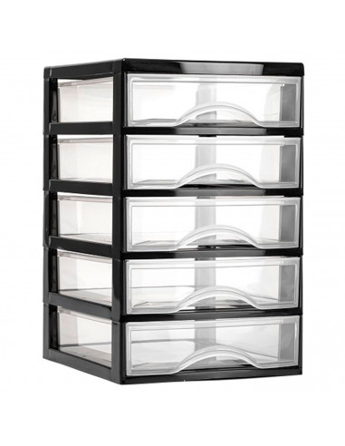 Tradineur - Cajonera de sobremesa guadiana, plástico, 5 cajones transparentes, fabricada en España (Negro, 28 x 18 x 21,5 cm, mo