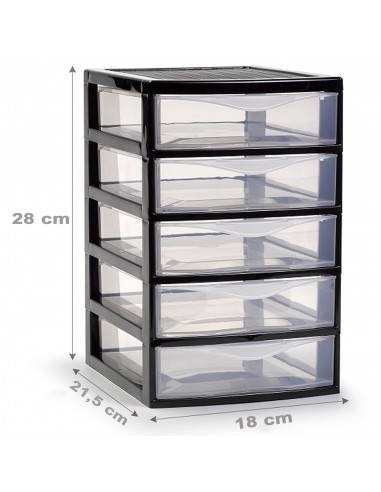 Tradineur - Cajonera de sobremesa guadiana, plástico, 5 cajones transparentes, fabricada en España (Negro, 28 x 18 x 21,5 cm, mo