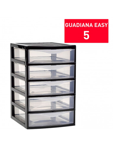 Tradineur - Cajonera de sobremesa guadiana, plástico, 5 cajones transparentes, fabricada en España (Negro, 28 x 18 x 21,5 cm, mo
