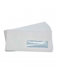Tradineur - Sobre blanco con ventana - Cierre de silicona autoadhesiva - 15 Uds. - 11 x 22 cm - autoadhesivo - cierre automático